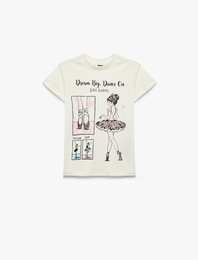 Pamuklu Kısa Kollu Bisiklet Yaka Balerin Baskılı Tişört