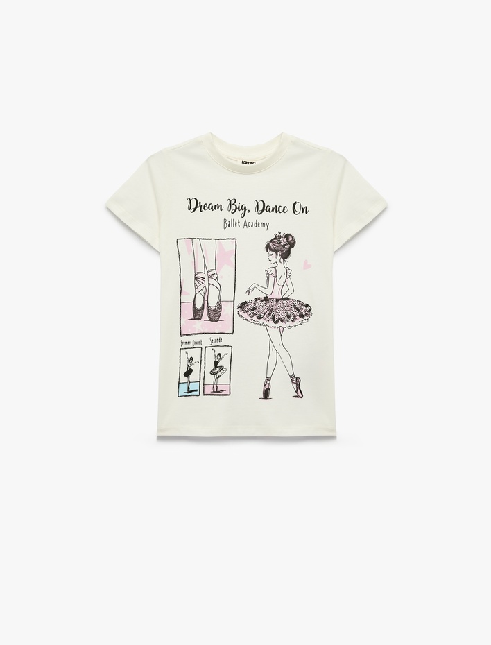 Kız Çocuk Pamuklu Kısa Kollu Bisiklet Yaka Balerin Baskılı Tişört