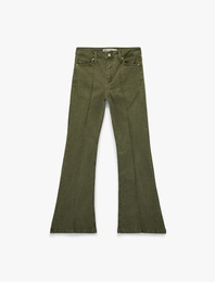 Nervürlü Cepli Düğmeli İspanyol Paça Denim Pantolon - Flare Jeans