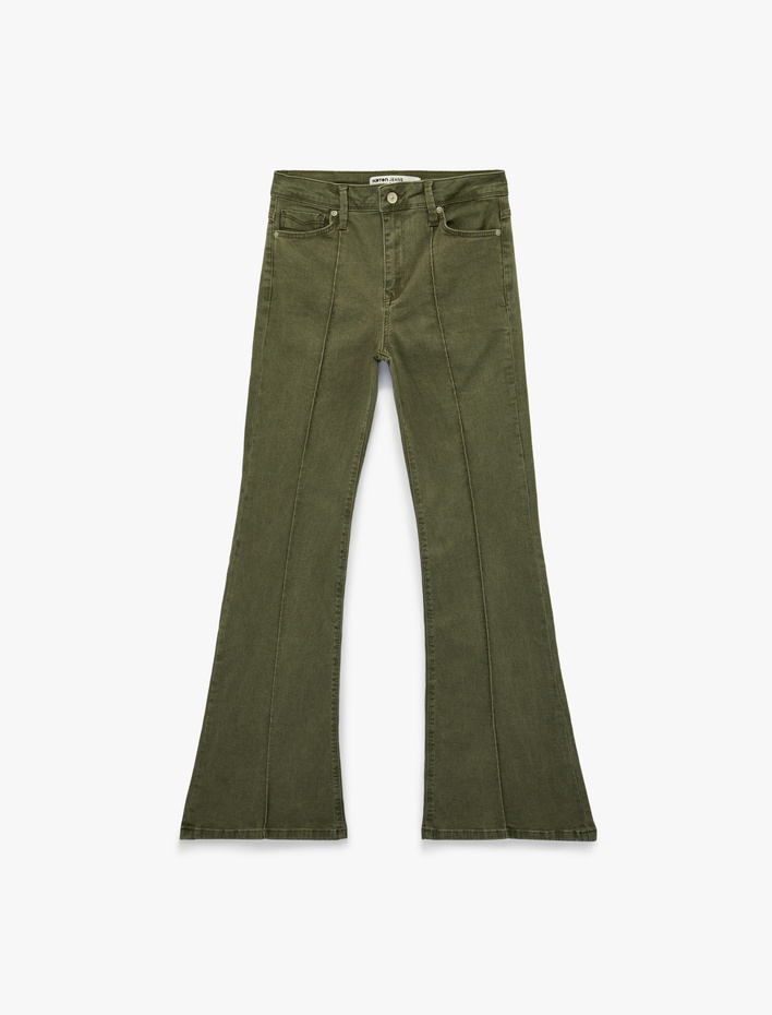  Nervürlü Cepli Düğmeli İspanyol Paça Denim Pantolon - Flare Jeans