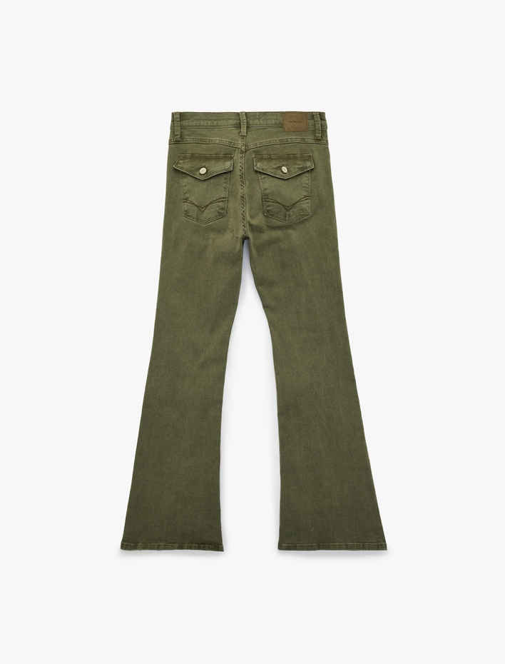  Nervürlü Cepli Düğmeli İspanyol Paça Denim Pantolon - Flare Jeans