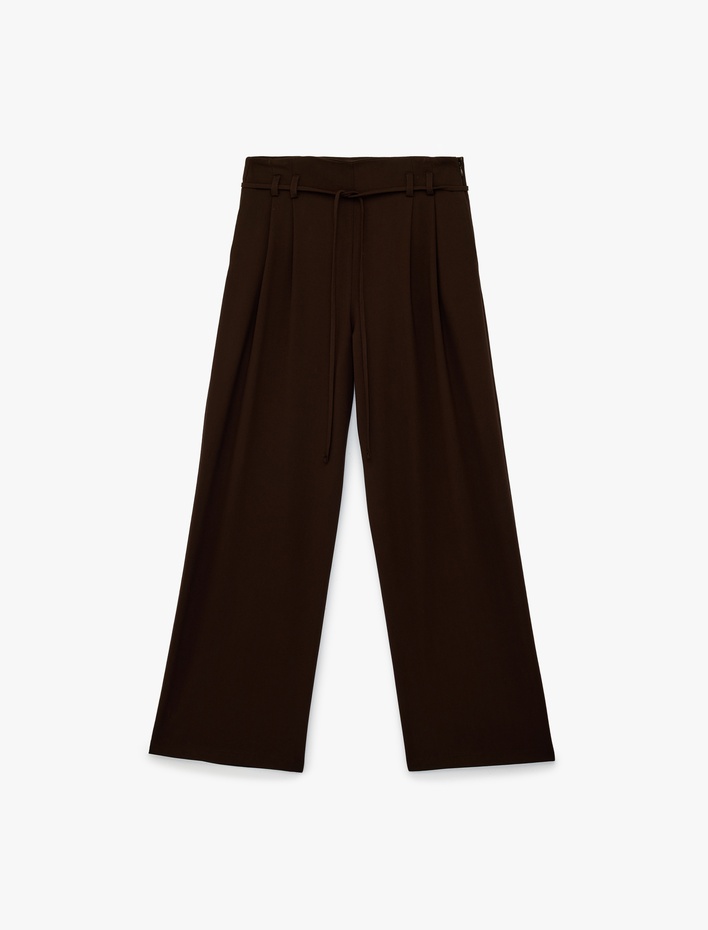  Beli Bağcıklı Pile Detaylı Geniş Paça Palazzo Pantolon