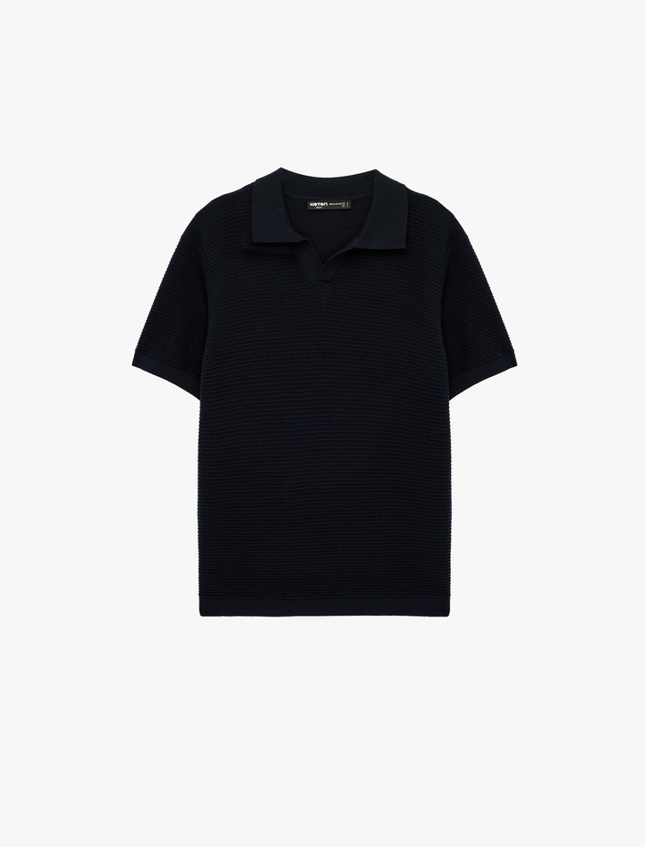  Pamuklu Dokulu Polo Yaka Kısa Kollu Triko Tişört