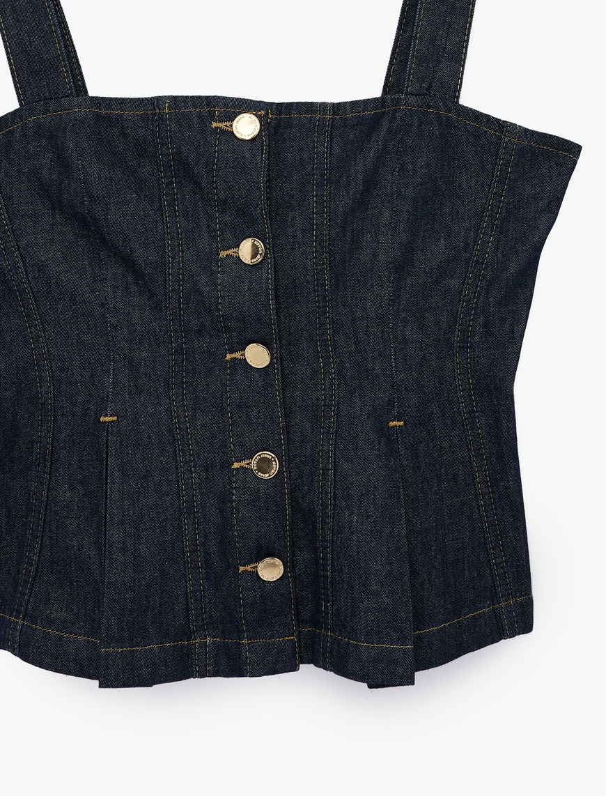 Lacivert Kadın Kare Yaka Kolsuz Pileli Düğme Detaylı Denim Bluz