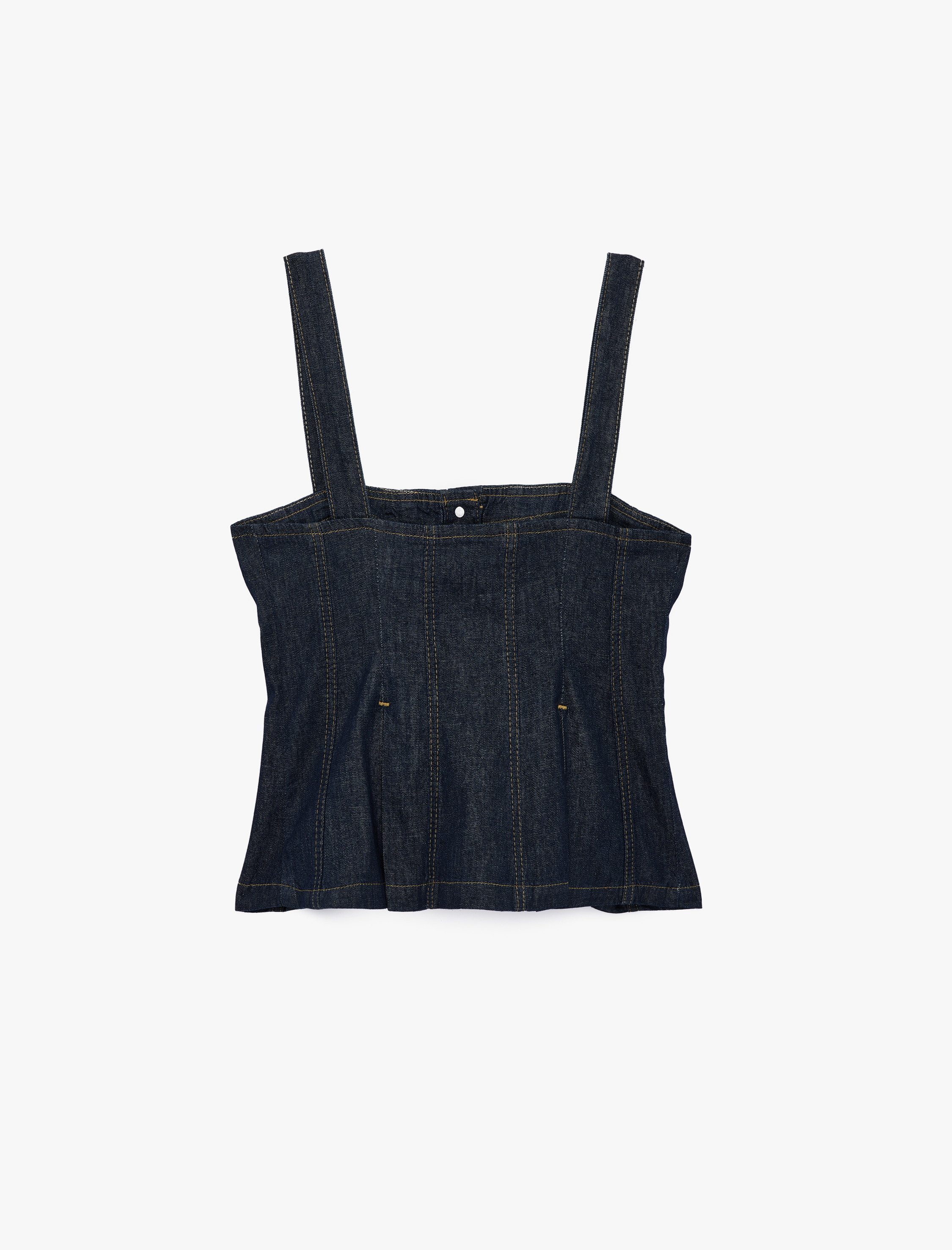   Kare Yaka Kolsuz Pileli Düğme Detaylı Denim Bluz