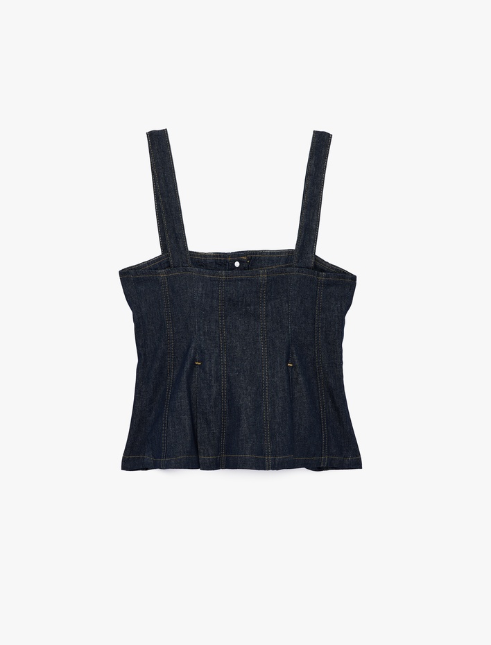  Kare Yaka Kolsuz Pileli Düğme Detaylı Denim Bluz