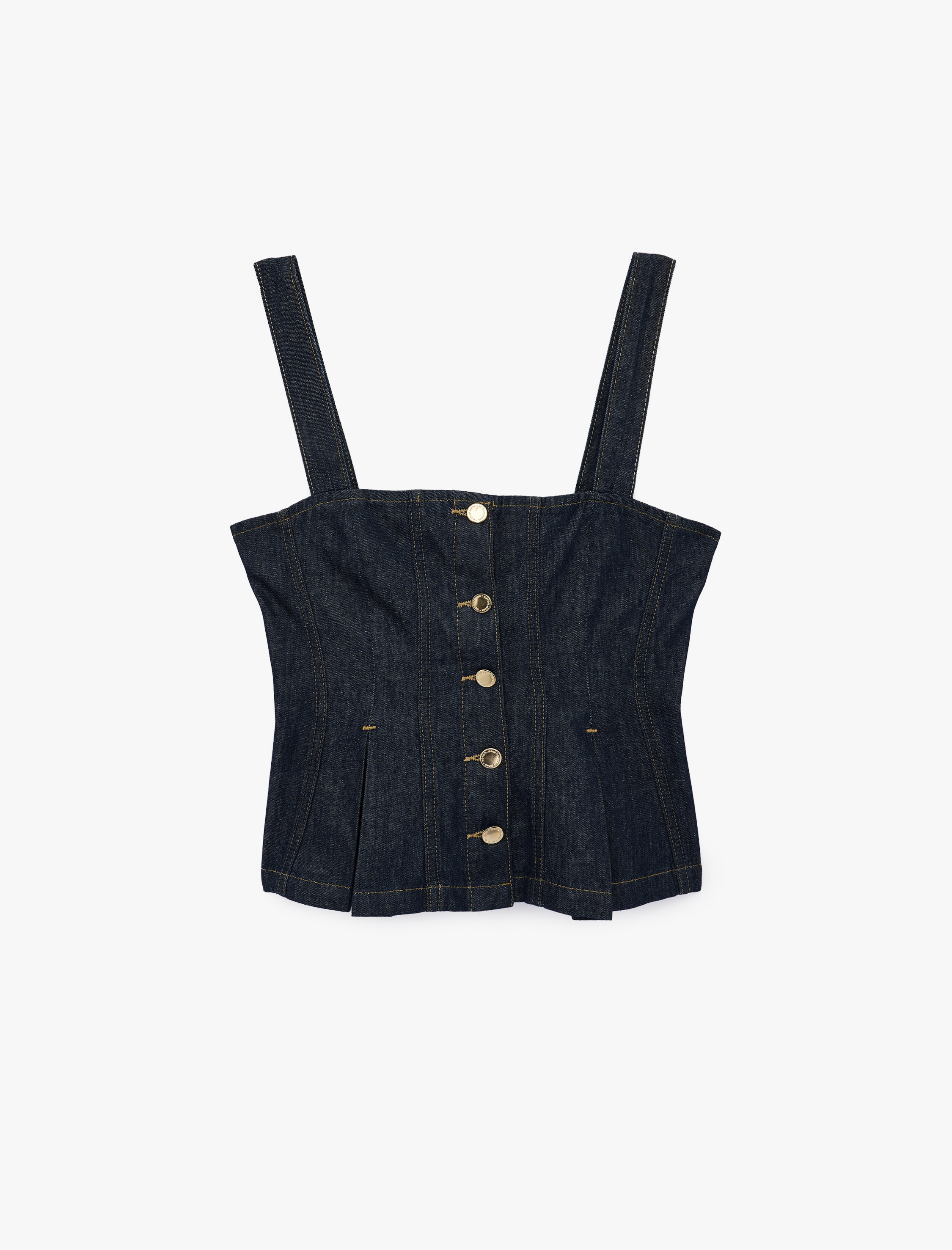   Kare Yaka Kolsuz Pileli Düğme Detaylı Denim Bluz