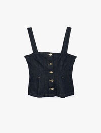 Kare Yaka Kolsuz Pileli Düğme Detaylı Denim Bluz