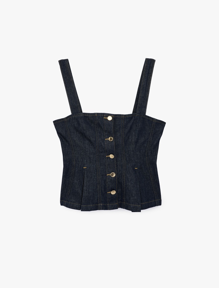  Kare Yaka Kolsuz Pileli Düğme Detaylı Denim Bluz