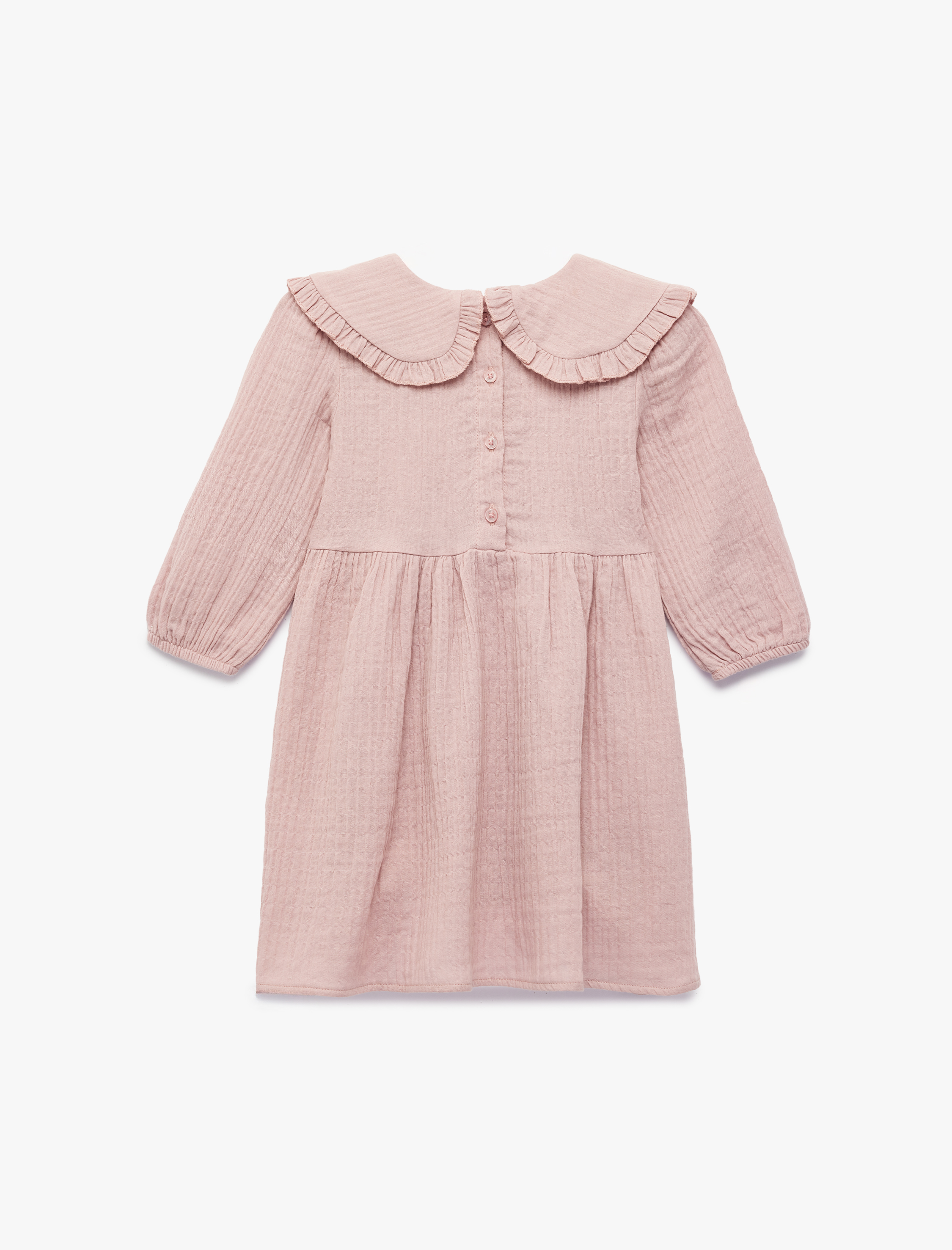  Kız Bebek Pamuklu Uzun Kollu Fırfırlı Bebe Yaka Müslin Elbise