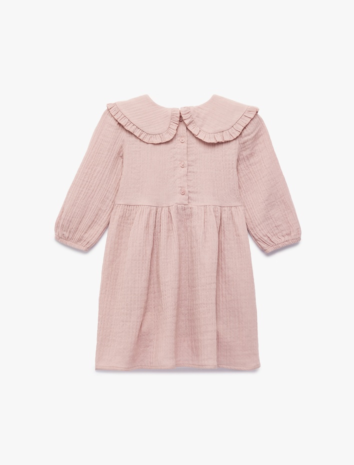 Kız Bebek Pamuklu Uzun Kollu Fırfırlı Bebe Yaka Müslin Elbise