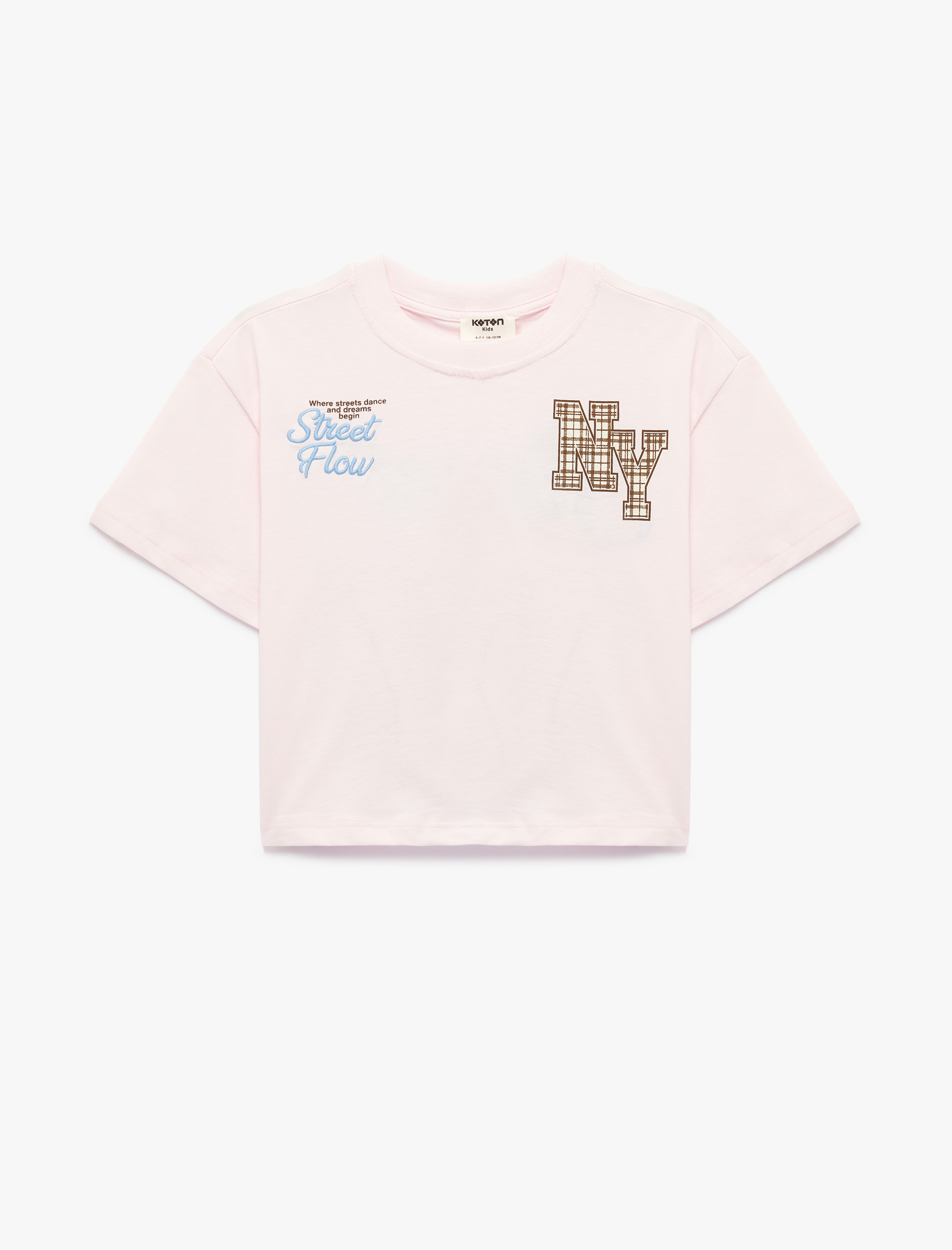  Kız Çocuk Pamuk Kısa Kollu Bisiklet Yaka Önü ve Arkası Nakış ve Ekose Aplike Detaylı Tişört