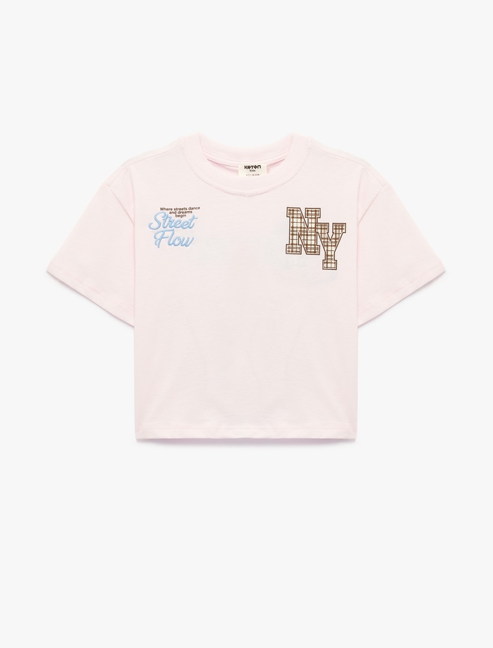 Kız Çocuk Pamuk Kısa Kollu Bisiklet Yaka Önü ve Arkası Nakış ve Ekose Aplike Detaylı Tişört