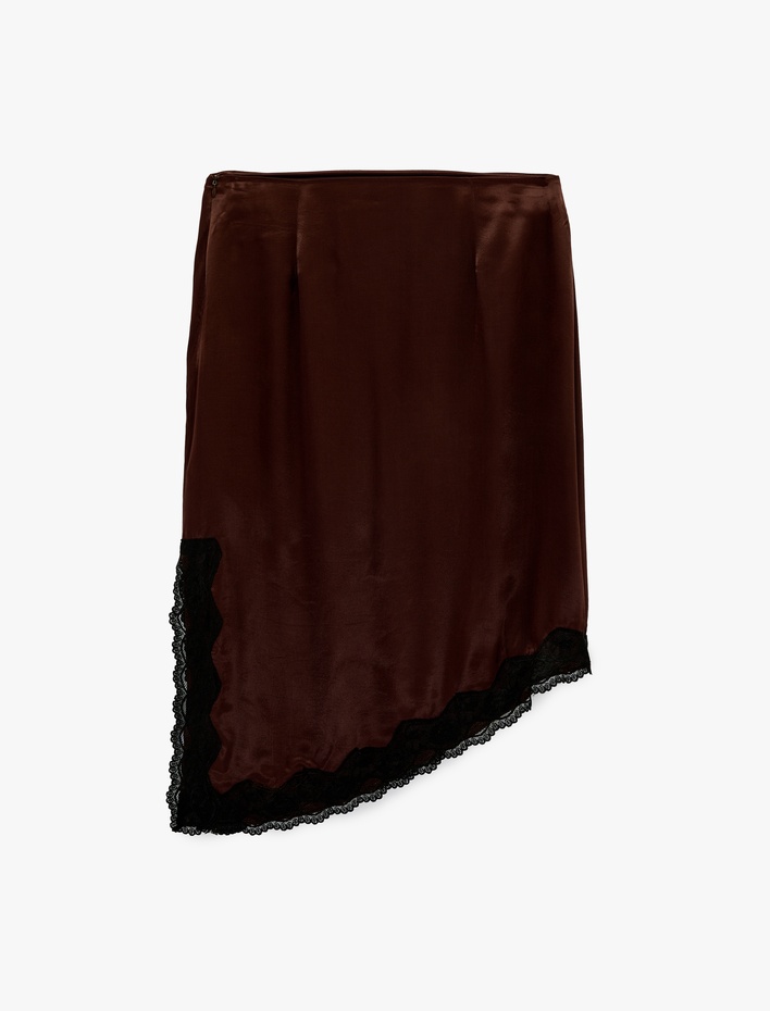  Asimetrik Slim Fit Dantel Detaylı Saten Midi Etek