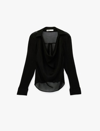 Viskon Karışımlı Uzun Kollu Degaje Yaka Tül Bluz