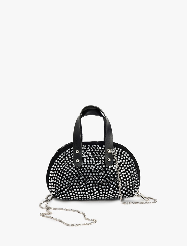 Kadın Zincir Askılı Metal Aksesuarlı Taşlı Mini Çanta