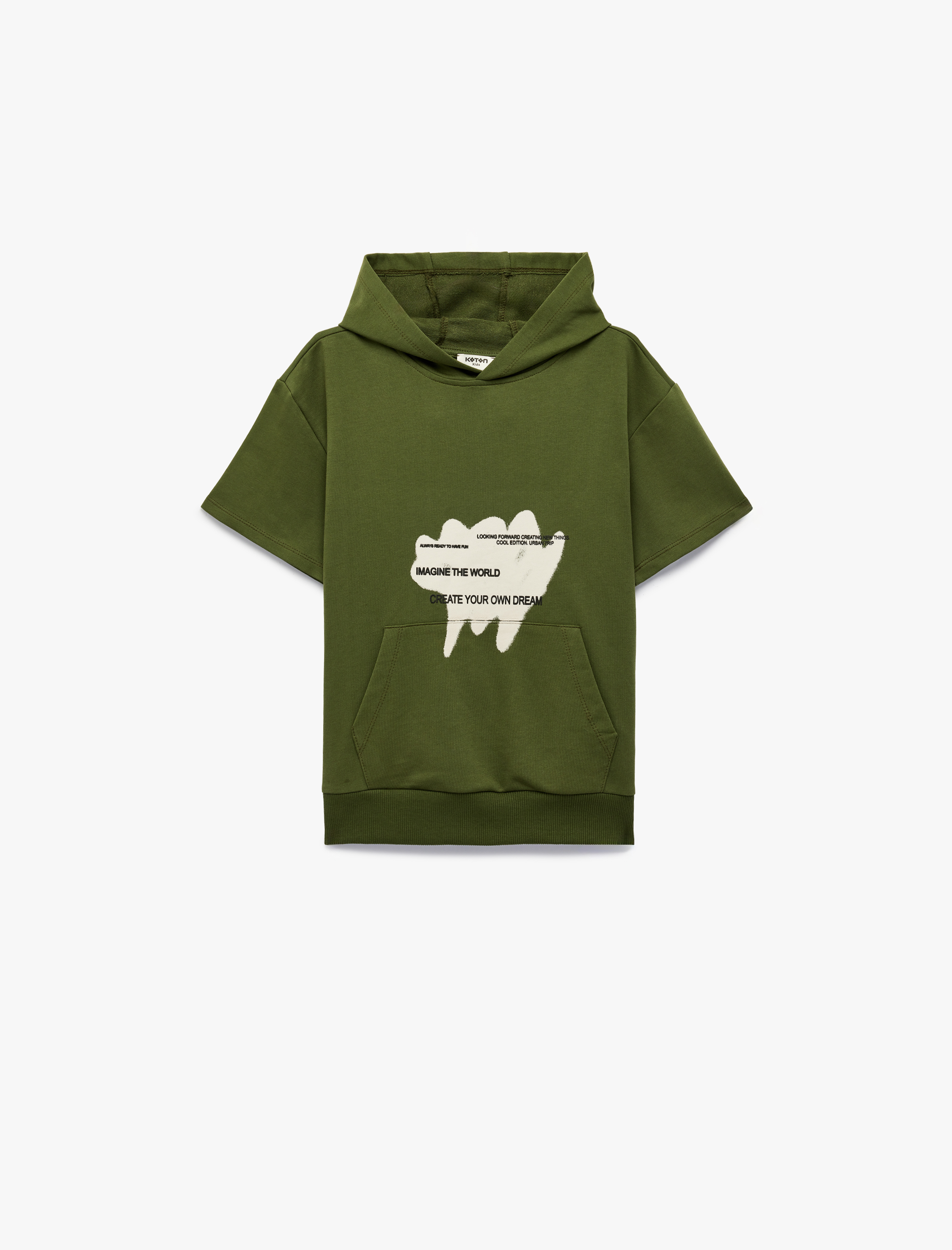  Erkek Çocuk Pamuklu Cepli Baskılı Kısa Kollu Kapüşonlu Oversize Sweatshirt