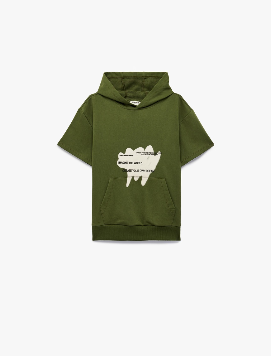 Koton Pamuklu Cepli Baskılı Kısa Kollu Kapüşonlu Oversize Sweatshirt