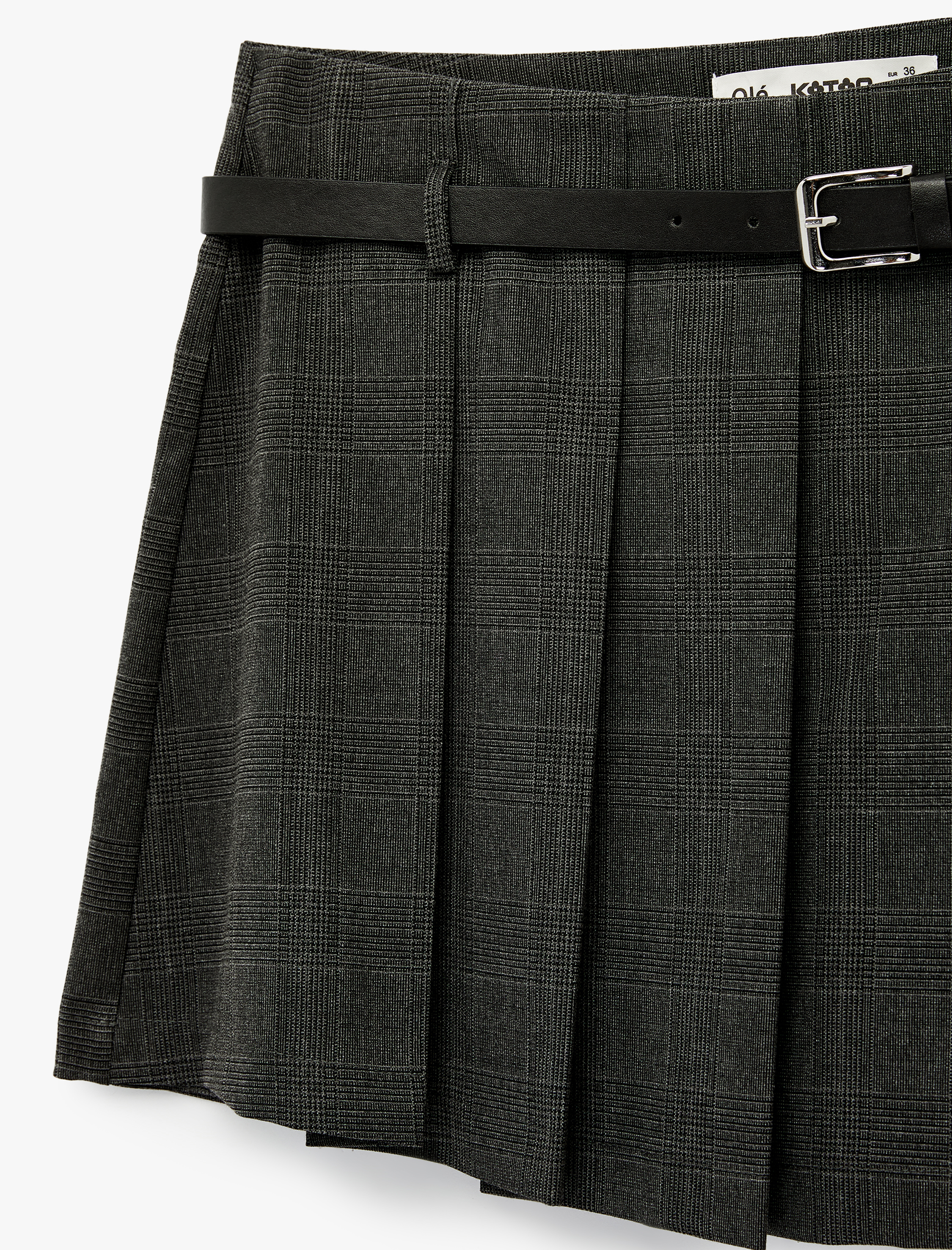   Kemer Detaylı Ekoseli Pileli Mini Şort Etek