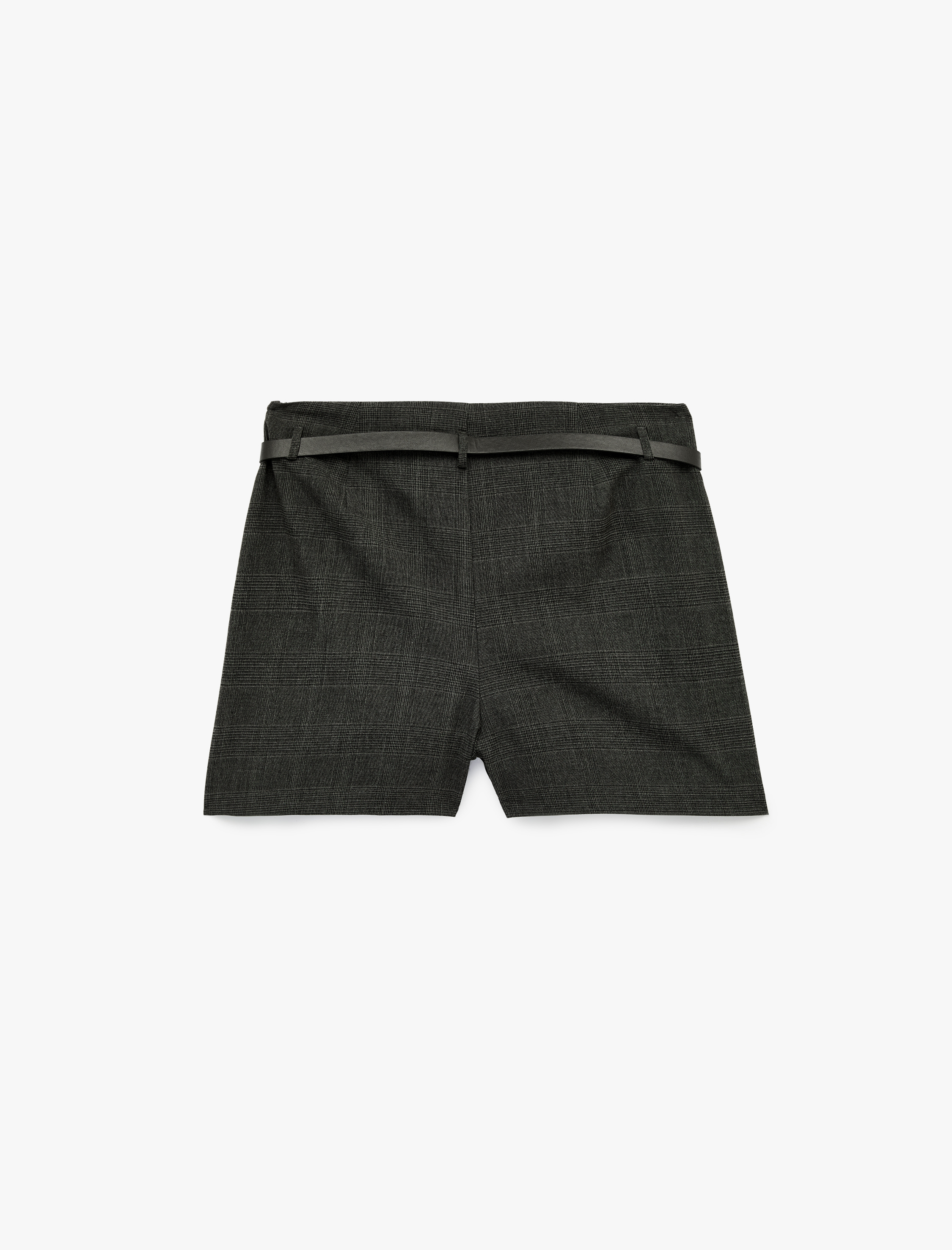   Kemer Detaylı Ekoseli Pileli Mini Şort Etek