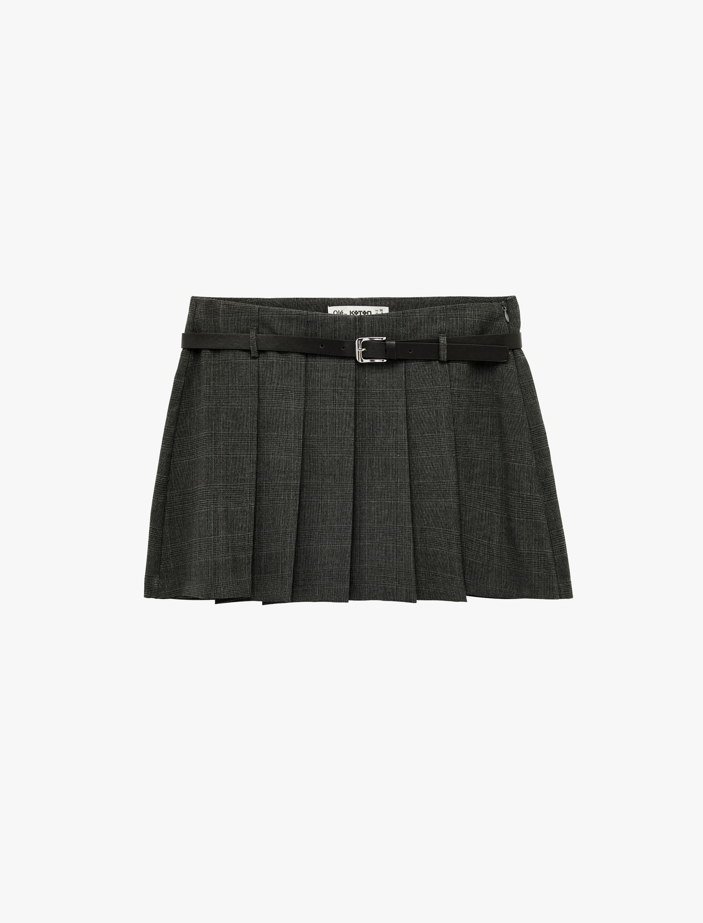   Kemer Detaylı Ekoseli Pileli Mini Şort Etek