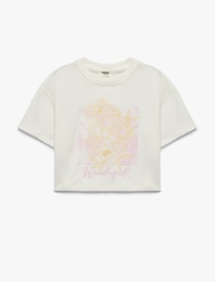 Kısa Kollu Bisiklet Yaka Pamuklu Çiçek Baskılı Tişört