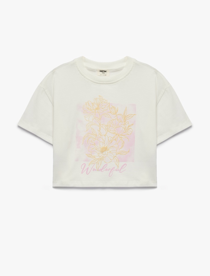 Kız Çocuk Kısa Kollu Bisiklet Yaka Pamuklu Çiçek Baskılı Tişört