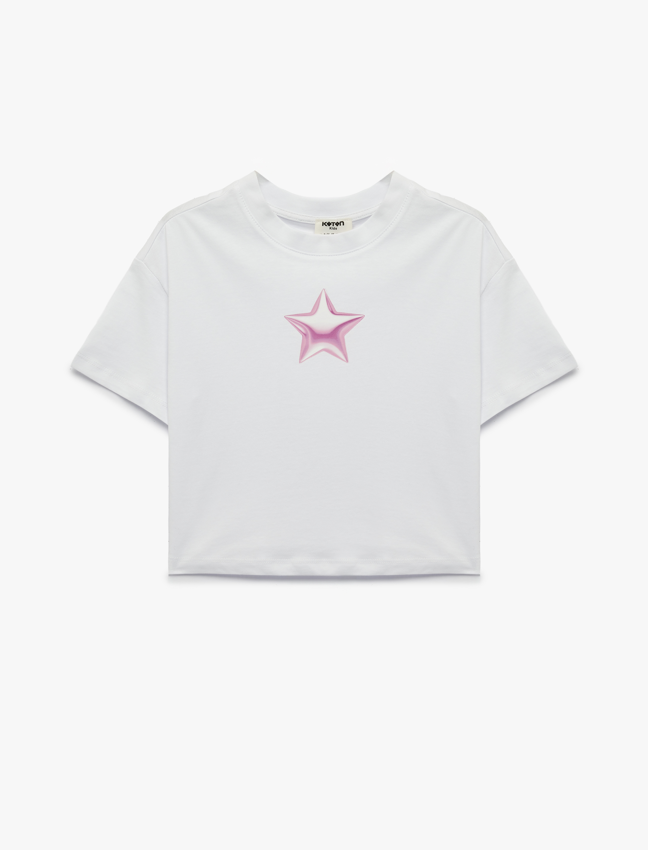  Kız Çocuk Pamuklu Bisiklet Yaka Kısa Kollu Yıldız Baskılı Tişört