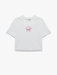 Pamuklu Bisiklet Yaka Kısa Kollu Yıldız Baskılı Tişört