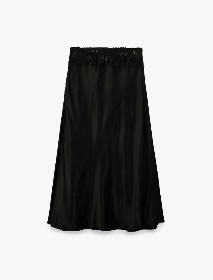  Dantel Detaylı Viskon Saten Midi Etek
