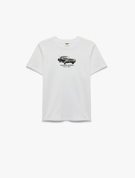 Bisiklet Yaka Kısa Kollu Pamuklu Araba Baskılı Tişört