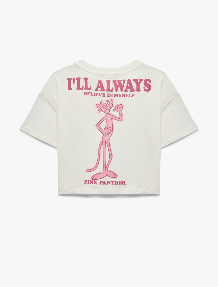 Kız Çocuk Kısa Kollu Bisiklet Yaka Pamuklu Lisanslı Arkası Pink Panther Baskılı Crop Tişört