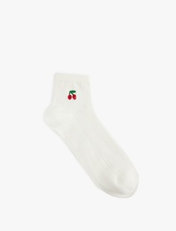 Kiraz İşlemeli Pamuklu Soket Çorap