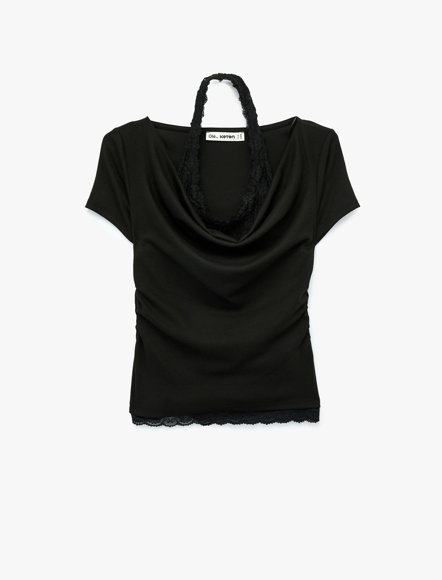 Siyah Slim Fit Kısa Kollu Dantel Detaylı Atletli İkili Kayık Yaka