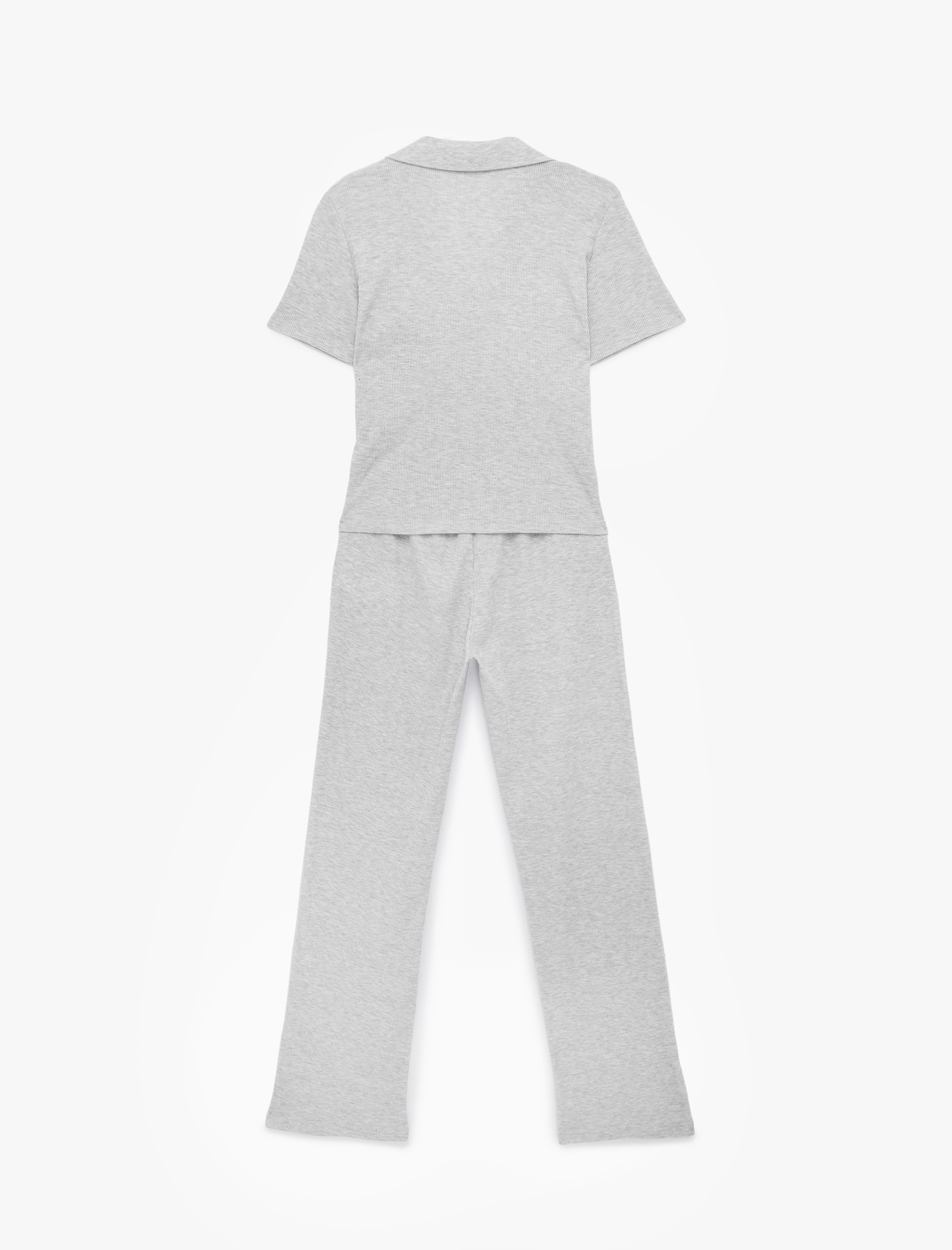   Rahat Kalıp Gömlek Yaka Kedi İşleme Detaylı Kısa Kollu Fitilli Pijama Takımı