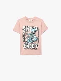 Pamuklu Kısa Kollu Bisiklet Yaka Kaykay Temalı İskelet Baskılı Tişört