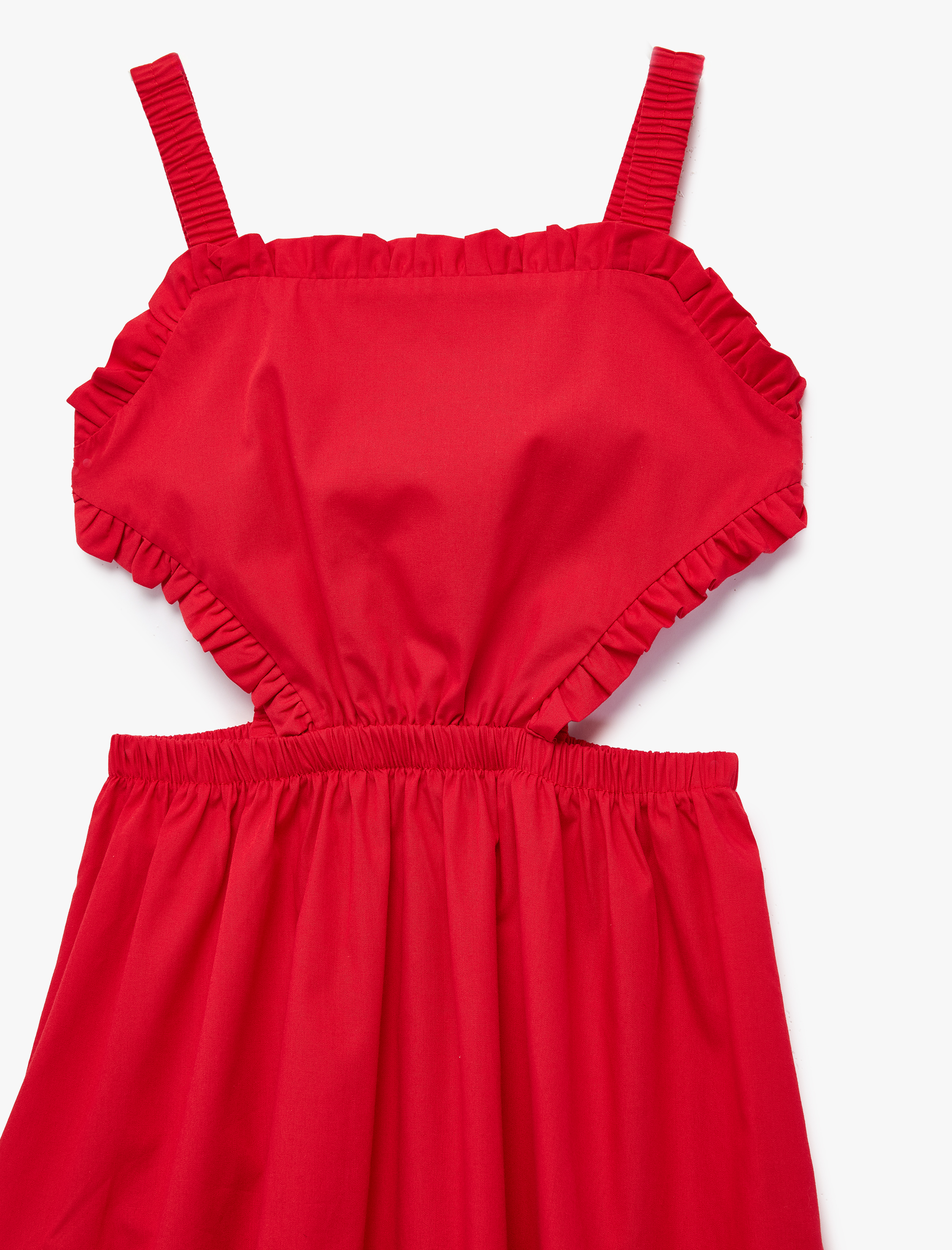  Kız Çocuk Pamuklu Kare Yaka Askılı A Kesim Pencere Detaylı Midi Elbise