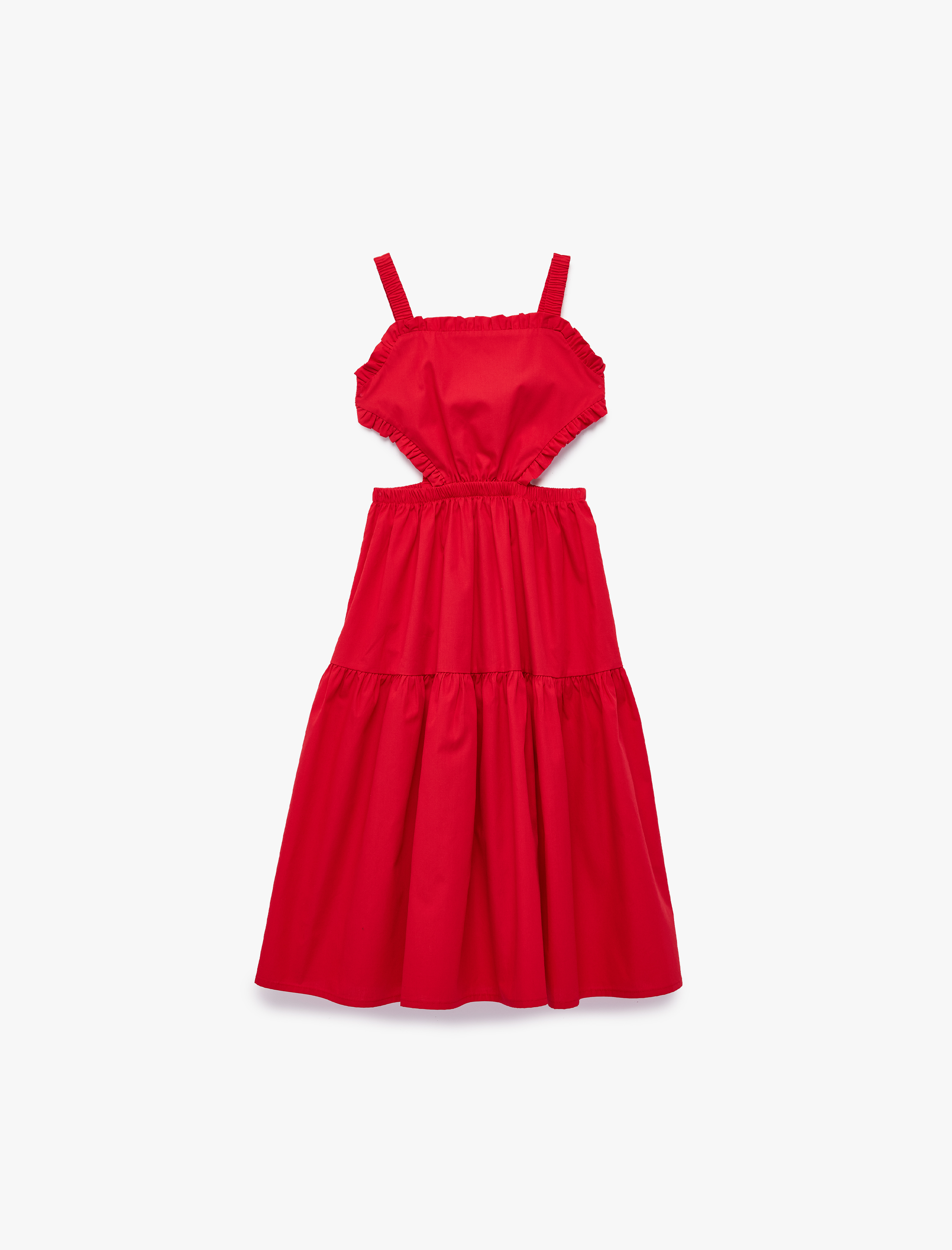  Kız Çocuk Pamuklu Kare Yaka Askılı A Kesim Pencere Detaylı Midi Elbise