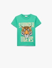 Kısa Kollu Bisiklet Yaka Pamuklu Kaplan Baskılı Tişört