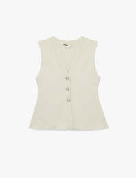 Mücevher Düğme Detaylı Peplum Kesim Triko Yelek