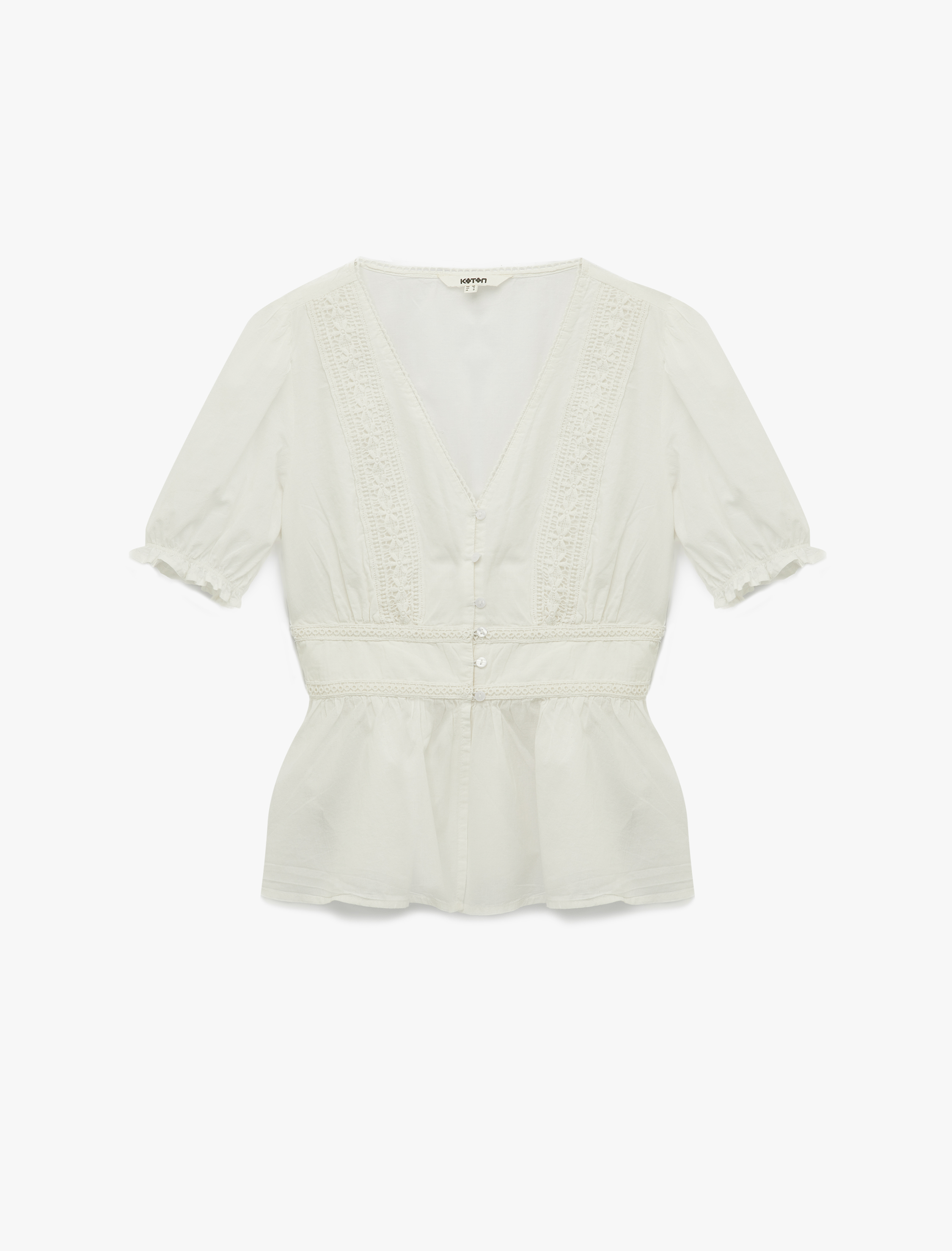   Pamuklu Slim Fit V Yaka Dantelli Kısa Balon Kollu Bluz