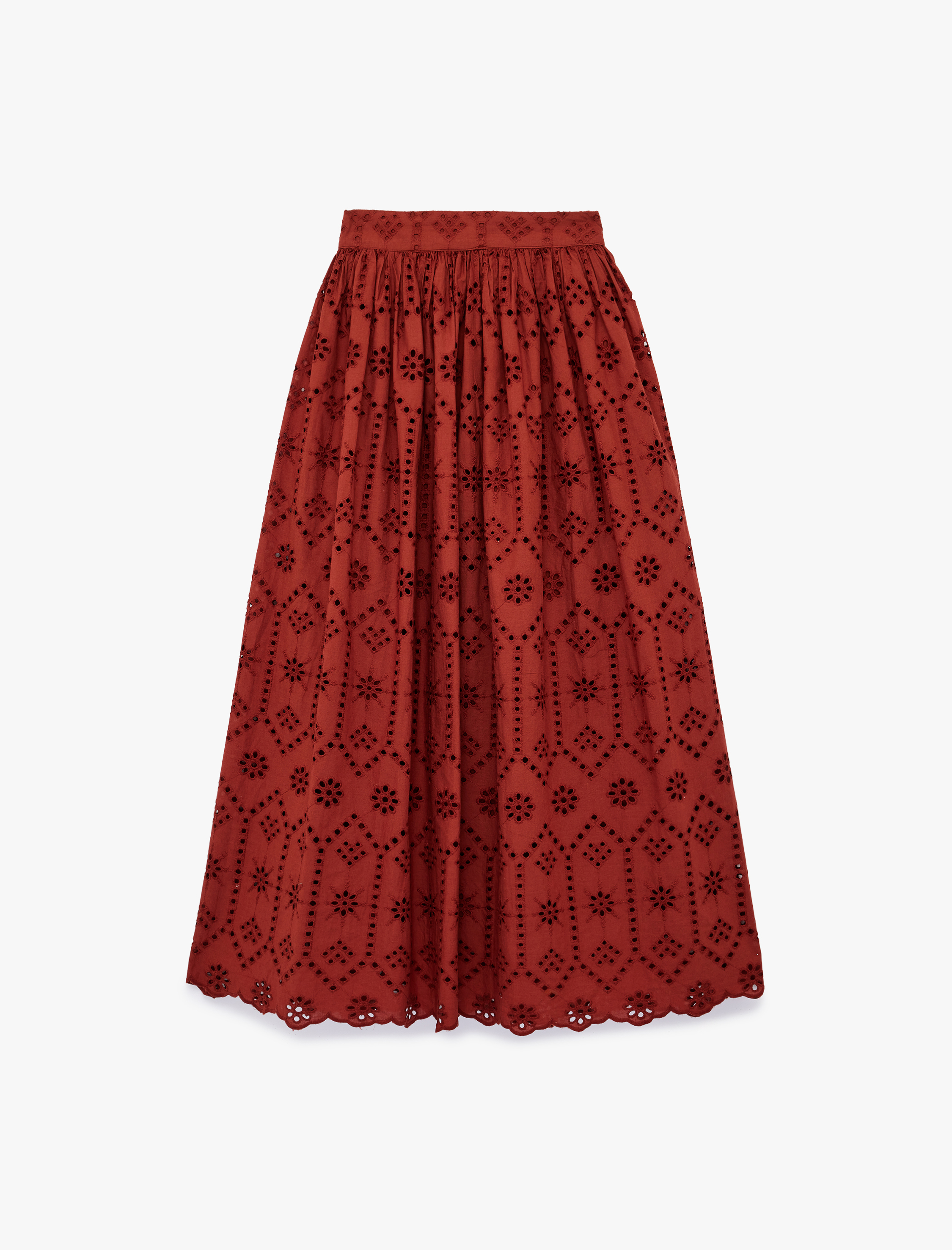   Pamuklu Çan Kesim Brodeli Midi Etek