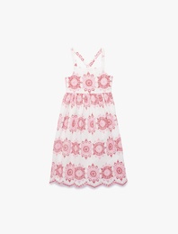 Kare Yaka Çapraz Askılı Pamuklu Kloş Elbise