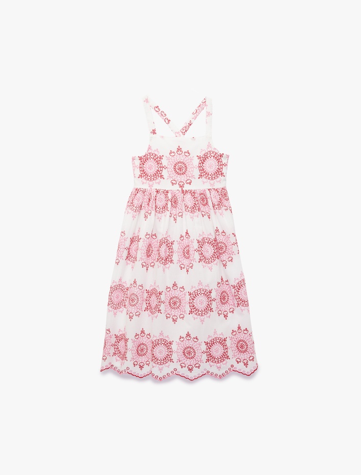 Kız Çocuk Kare Yaka Çapraz Askılı Pamuklu Kloş Elbise