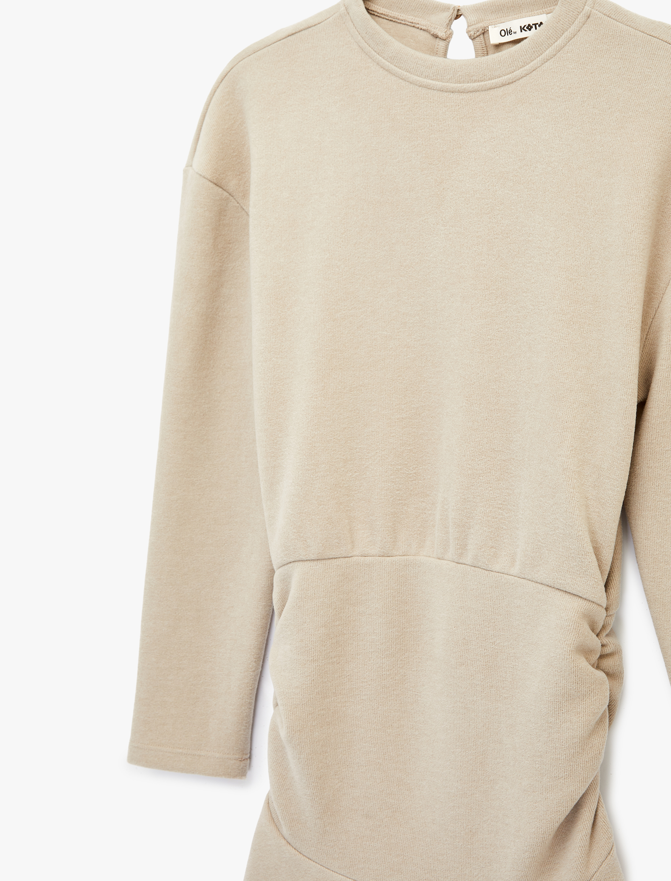   Rahat Kalıp Büzgülü Uzun Kollu Bisiklet Yaka Volanlı Mini Elbise