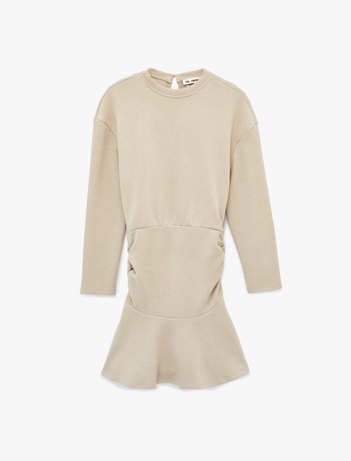  Rahat Kalıp Büzgülü Uzun Kollu Bisiklet Yaka Volanlı Mini Elbise