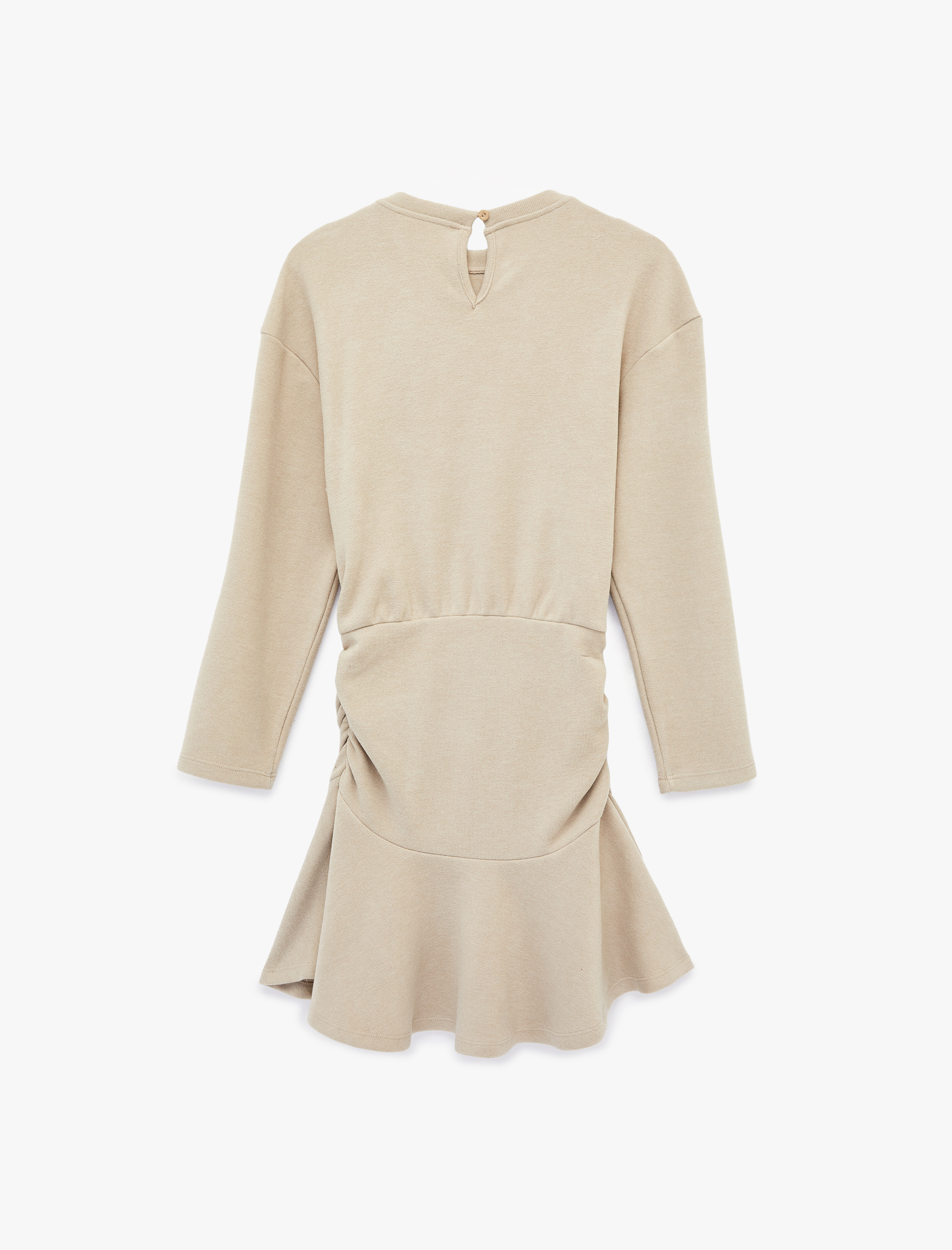   Rahat Kalıp Büzgülü Uzun Kollu Bisiklet Yaka Volanlı Mini Elbise