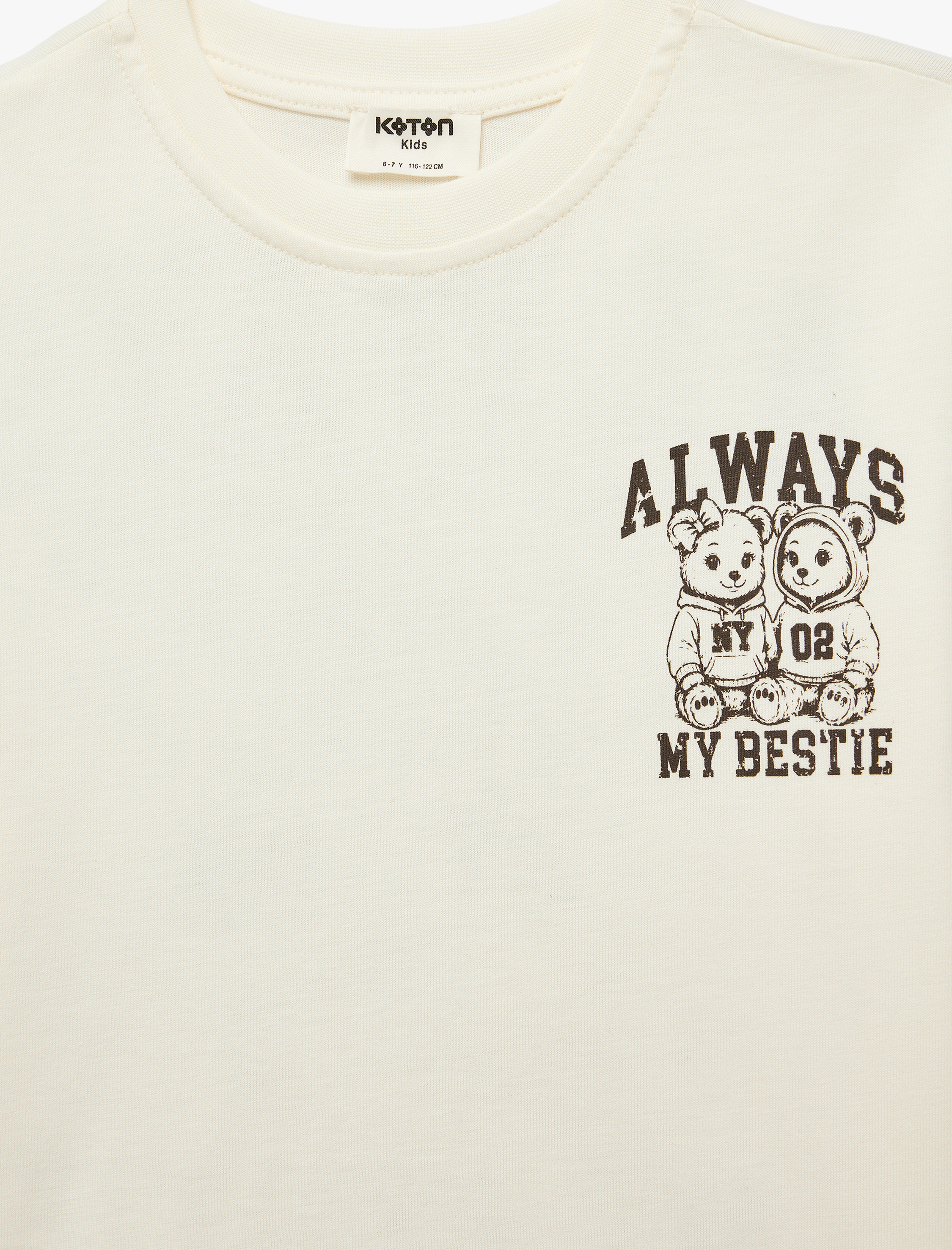  Kız Çocuk Pamuklu Kısa Kollu Bisiklet Yaka Dantel Detaylı Arkası Ayıcık Baskılı Tişört