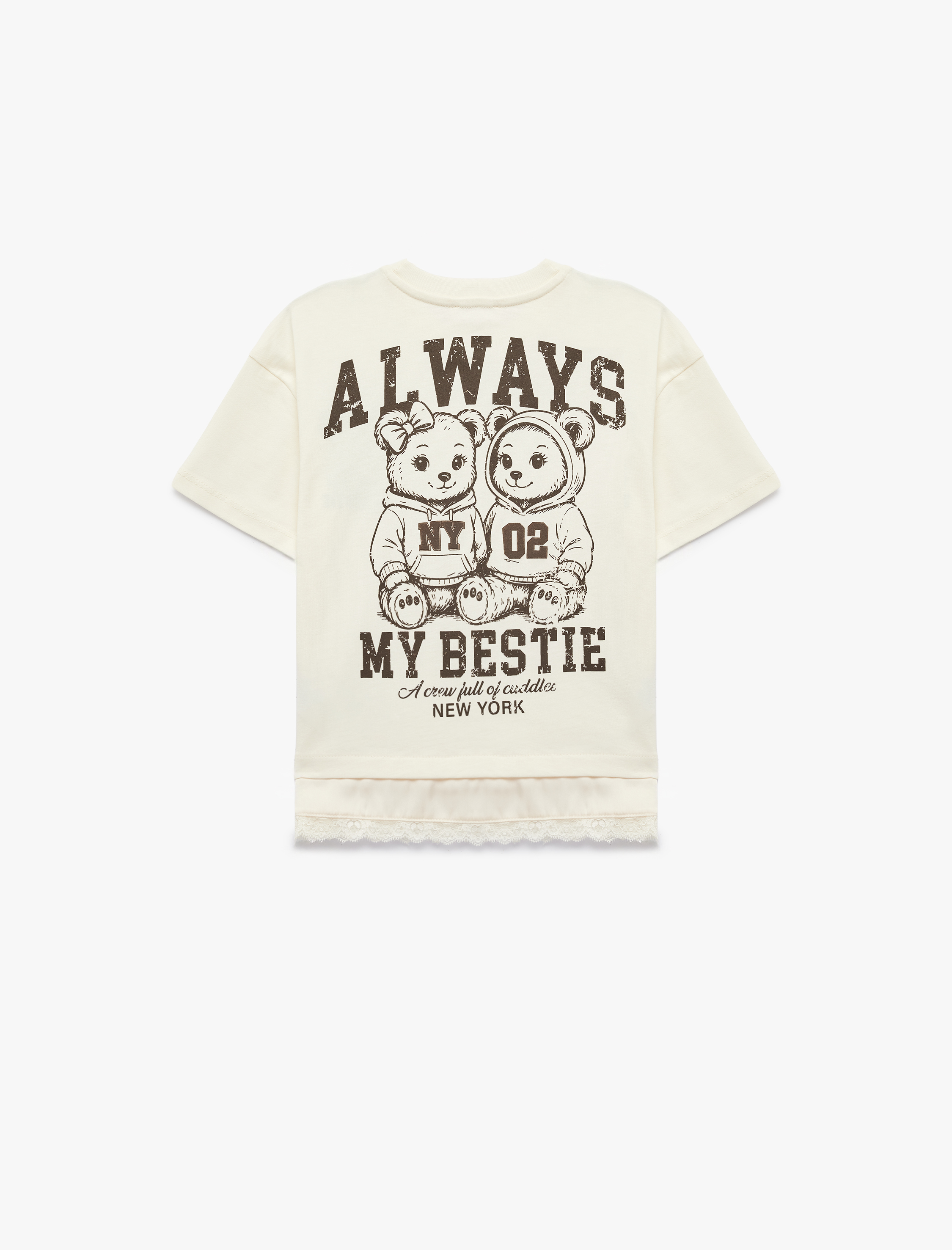  Kız Çocuk Pamuklu Kısa Kollu Bisiklet Yaka Dantel Detaylı Arkası Ayıcık Baskılı Tişört