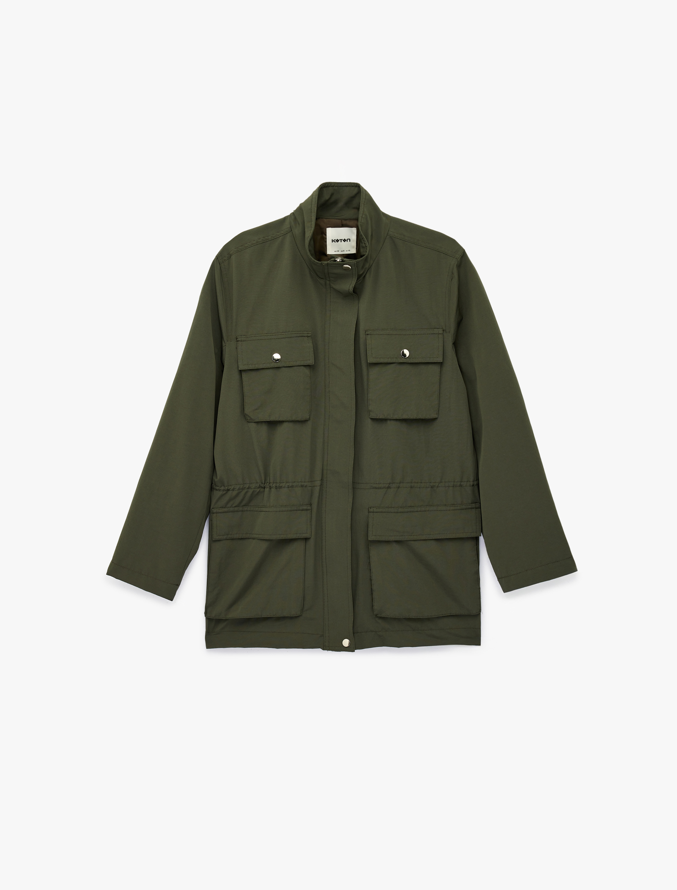   Uzun Kollu Cepli Fermuarlı Dik Yaka Gabardin Mevsimlik Ceket